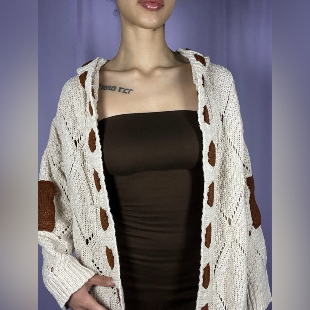 Beige Crochet Knit Maxi Open Front Cardigan Womens Size M Hoodie 3/4 Sleeve Boho